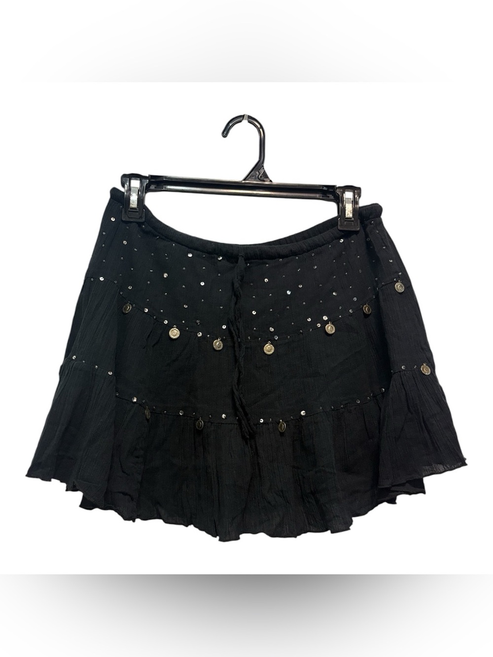 Vintage Black Tiered Mini Skirt Sequin Detail boho whimsigoth fairygrunge Indie